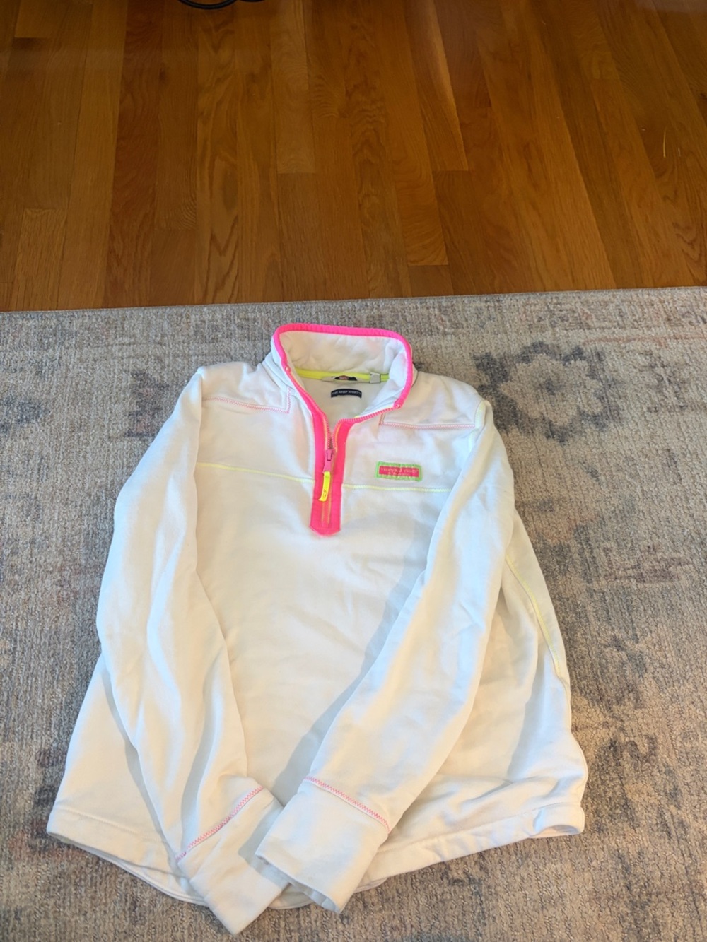 Vineyard Vines White Pullover with Neon Pink & Yellow Accents